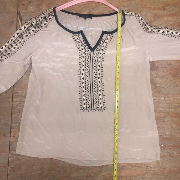 NANETTE LEPORE Beaded Blouse Silk Tan Black Bohemian Top*, Sz Large, MSRP $298 - Picture 9 of 10